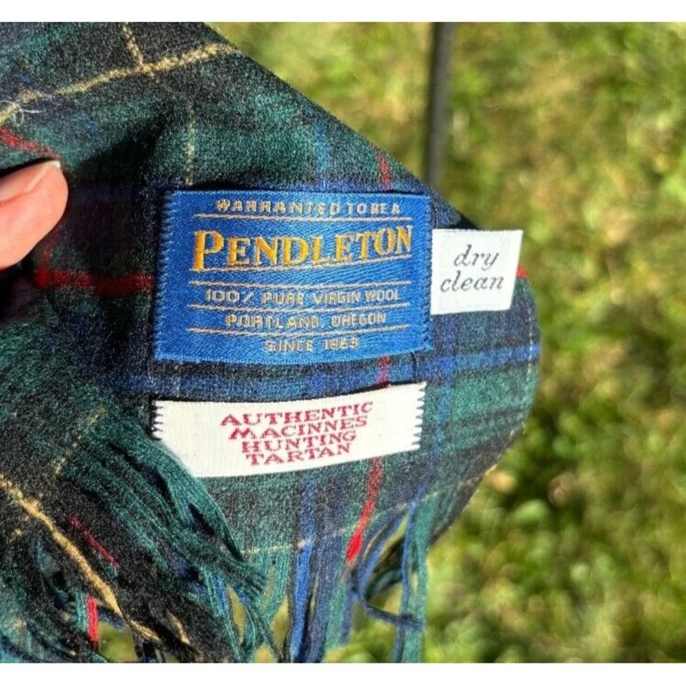 Pendleton Tartan Wool Knit‎ Scarf green red blue black yellow Plaid Fringe 60x13